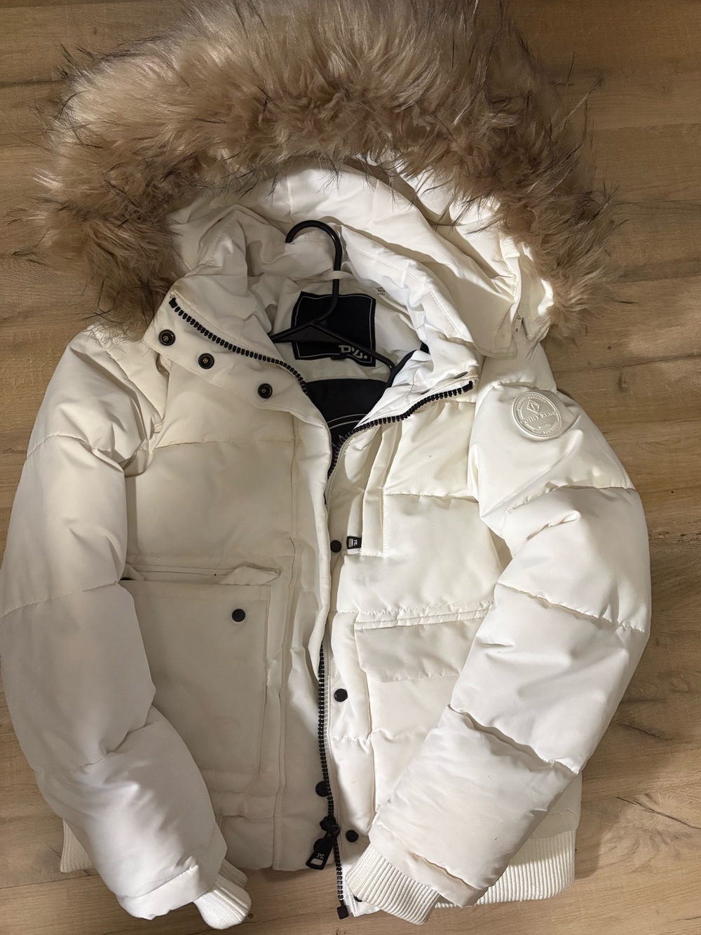 White Puffer Jacket with Faux Fur Trim